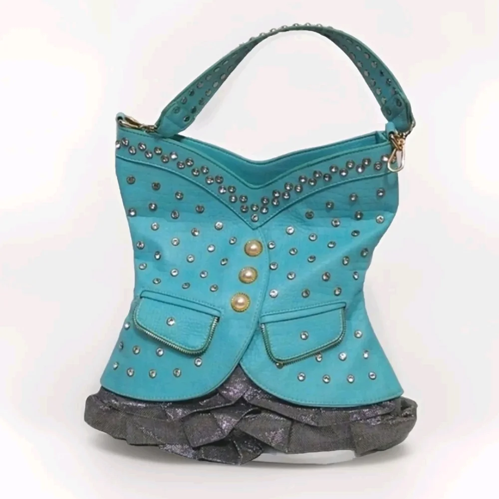 Women's Turquoise Rhinestone Pearl Shoulder Bag Y2K Boho Glam Ruffle Purse